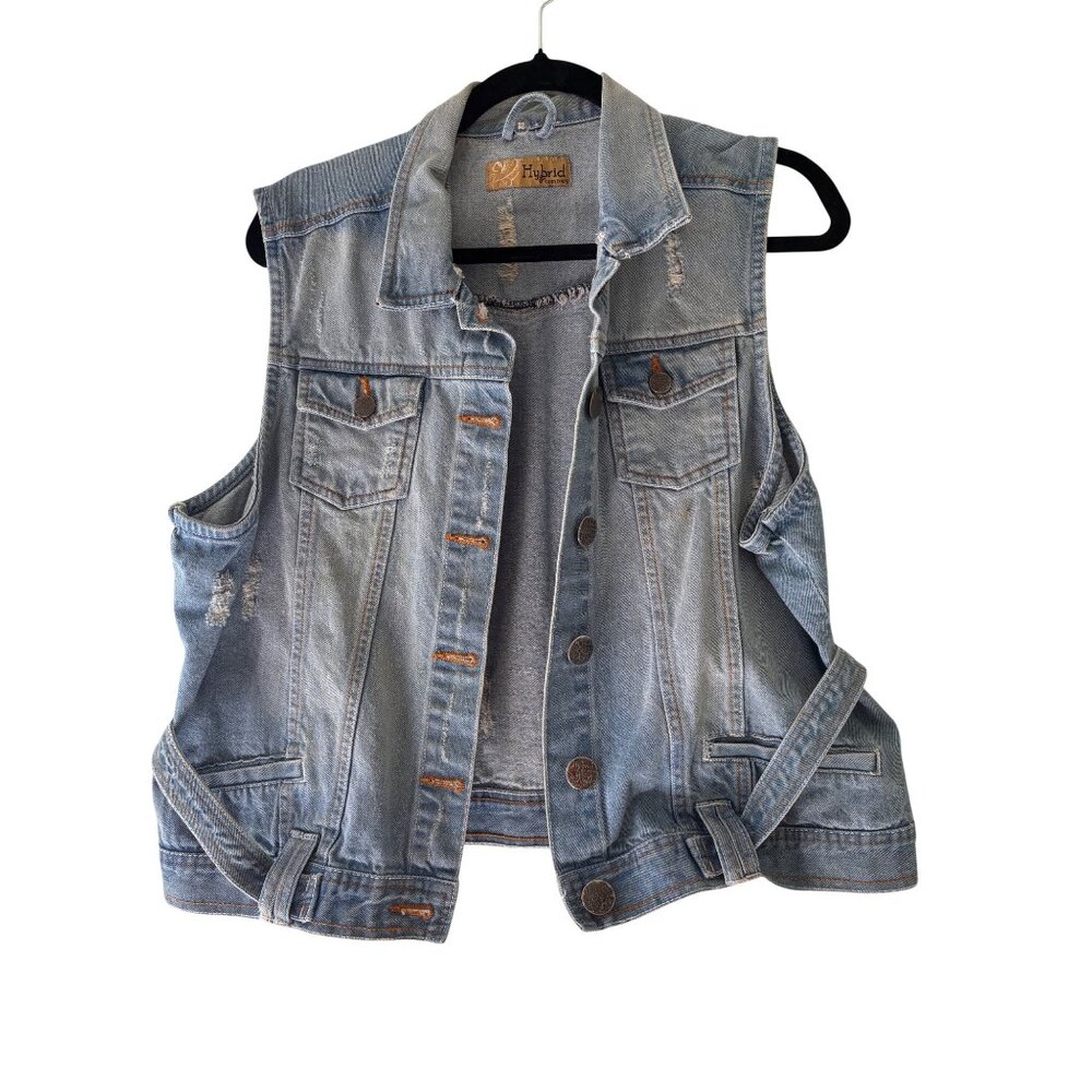 Hybrid  Womens Distressed Light Wash Denim Vest Adjustable Waist Straps